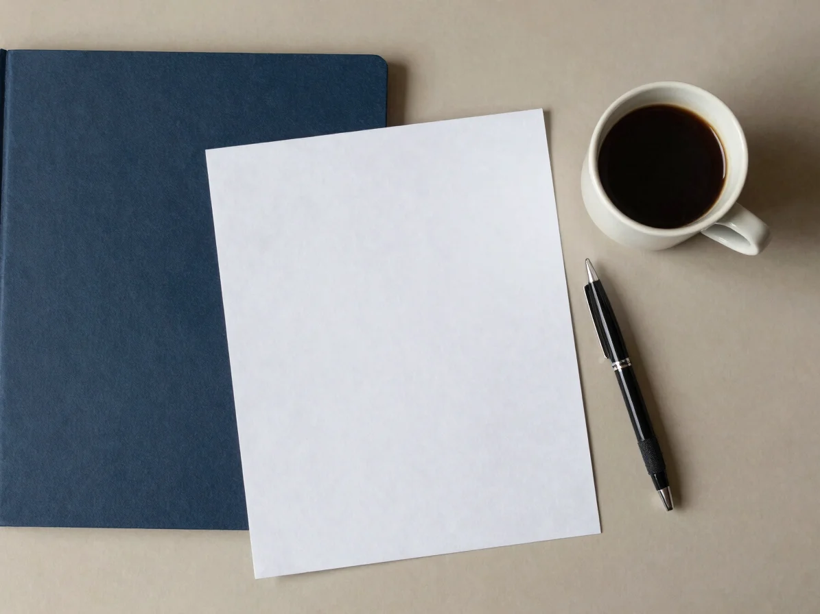 Uncluttered desk in soft natural daylight, a generic printed document and a pen resting beside a cup of coffee, clean ov