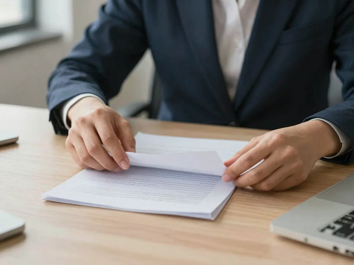 Close detail of hands sorting paperwork on a clean desk, soft natural daylight, gentle contrast, calm navy and warm neut