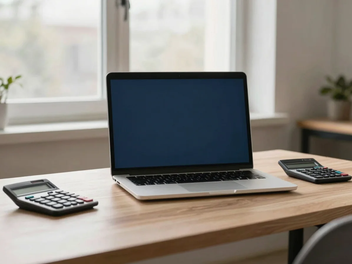 Wide desk view with a notebook, a calculator, and a window with soft morning light, editorial finance photography, calm