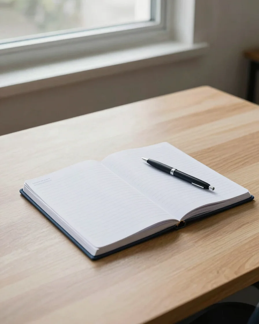 Editorial finance photography: an uncluttered desk with a notebook and a pen beside generic, unidentifiable paperwork, s